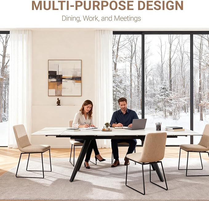 Extendable Dining Table with Leaf, 65"-95" Rectangular Sintered Stone, Marble-Look Top, Seats 6-12, Metal Base, Easy-Clean, Heat & Scratch Resistant, Dining Room/Kitchen Table for Family Gatherings