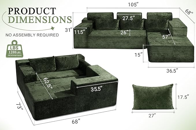 HABUTWAY 105" L-Shape Modular Sectional Sofa Couch for Living Room,No Assembly Required,Modular Comfy Sofa with Deep Seat for Living Room Bedroom,Luxury Distressed Velvet(Right,Green)