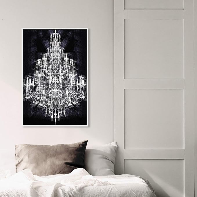 The Oliver Gal Artist Co. Fashion and Glam Framed Wall Art Canvas Prints 'Montecarlo Crystal' Chandeliers Home Décor, 20" x 30", White, Black