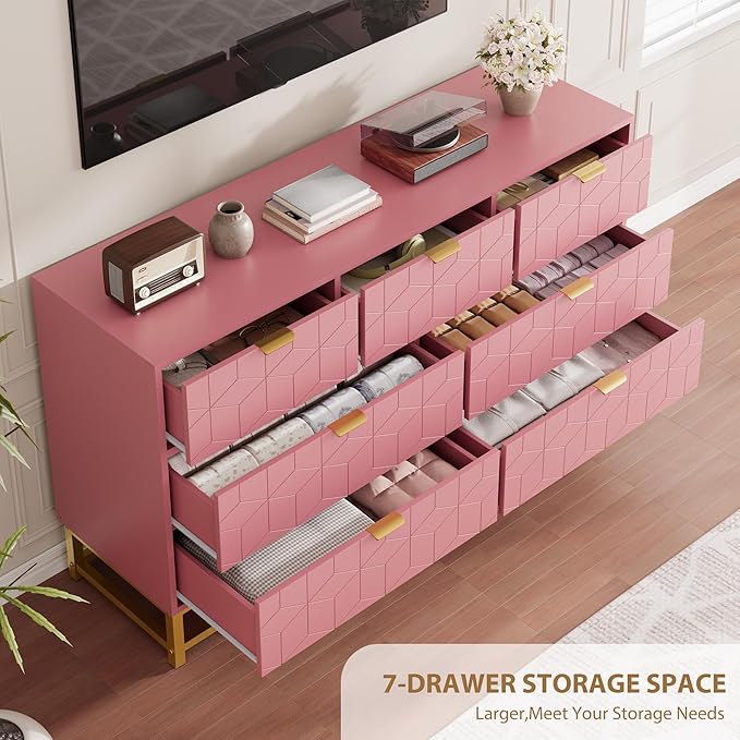 GAOMON Dresser for Bedroom, 53.5" Wide Dresser Organizer, 7 Drawer with Golden Metal Handle and Legs, Modern Chest of Drawers for Closet, Hallway, Living Room, Entryway, Pink