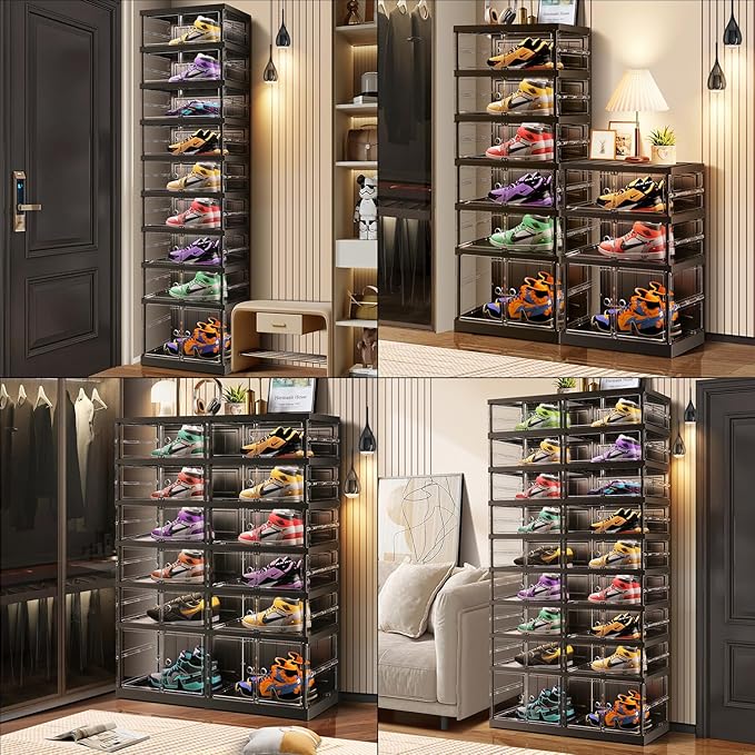 3 Tier Foldable Shoe Rack for Closet Entryway 6-12 Pairs Stackable Clear Shoe Storage Boxes with Lids Shoes Shelf with Door Plastic Organizer Cabinet Easy Assembly Black