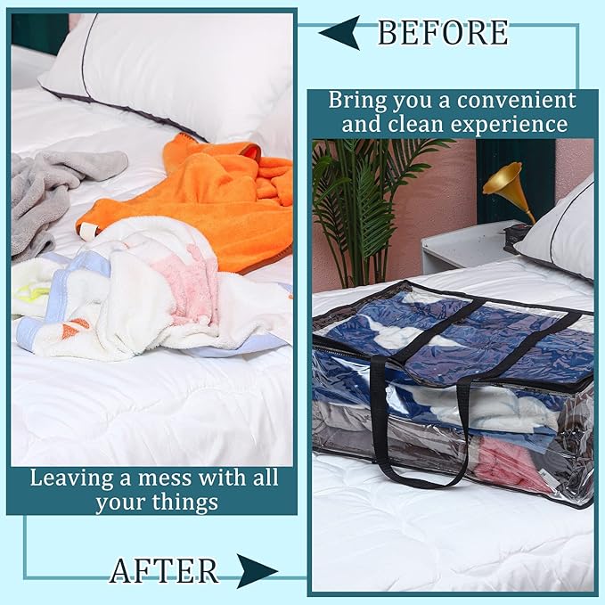 8 Pcs Clear Zippered Storage Bags Closet Organizer Vinyl Bag with Reinforced Handle Clothes Storage Organizer Transparent Moving Bags Totes for Bedding Linen. (60 L, 23.6x16.5x9.5 In, Clear, Black)