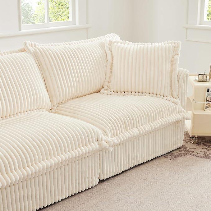KEIKI 156" Corduroy Sectional Sofa with Throw Pillows, White 4 Seat Soft Sleeper Cloud Couch Set, Comfy Upholstered Modular SofaBed for Apartment Living Room, Cream