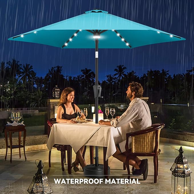 10FT Solar Patio Umbrella - Outdoor Umbrella with Centre Surround Light 24 LED Lights, Market Table Umbrella with Tilt for Pool, Porch, Garden, Deck, Backyard UV Protection (Aqua Blue)