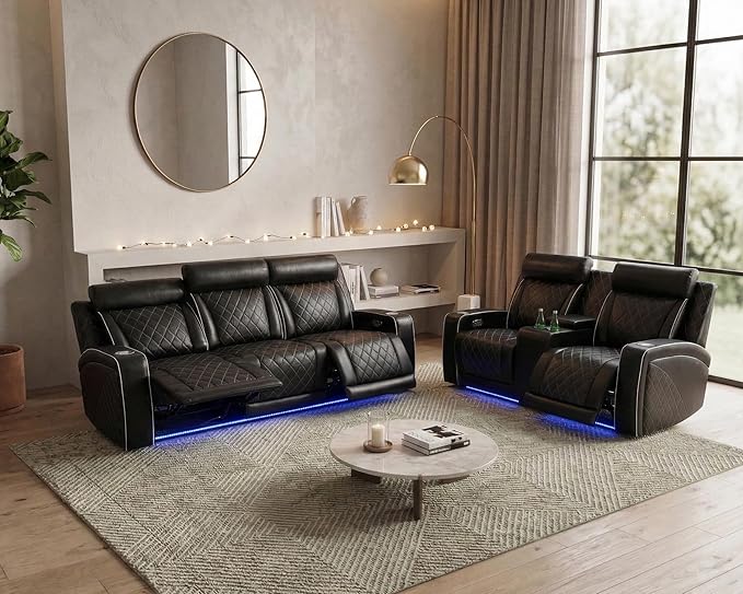 2 Piece Power Recliner Sofa for Living Room, Breathing Leather Reclining Couch and Loveseat Set with LED Lighting, Cup Holders, Storage Console&USB Port for Home Theater Seating (Black#2)