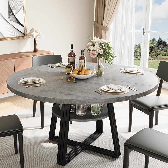 Garvee 47 in Inch Round Dining Table for 4, Farmhouse Dining Room Circle Dinner Table,Space Saving Wood Kitchen & Dining Room Furniture, Round Tables with Storage and Metal Square Legs, Grey