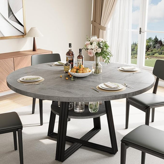 Garvee 47 in Inch Round Dining Table for 4, Farmhouse Dining Room Circle Dinner Table,Space Saving Wood Kitchen & Dining Room Furniture, Round Tables with Storage and Metal Square Legs, Grey