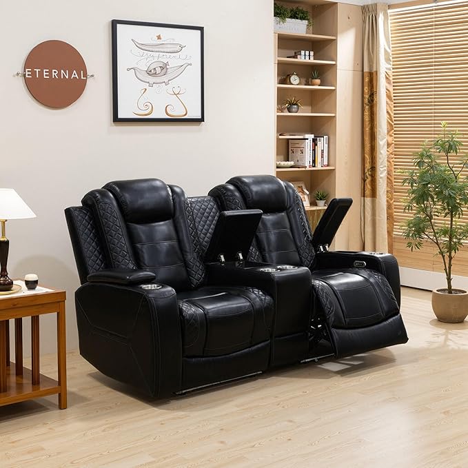 Power Recliner Sofa and Loveseat Set, 2 Piece Breathing Leather Living Room Set, Home Theater Seating Couches with LED/Cup Holders/Reading Light/Storage (Black Upgared)