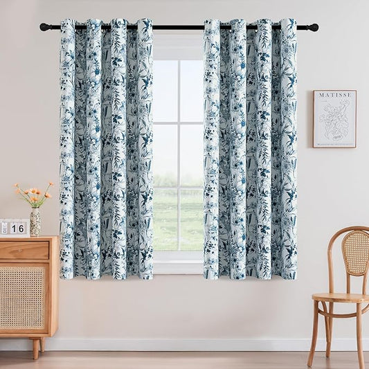 H.VERSAILTEX Blackout Curtains 63 Inch Length 2 Panels Set Floral Print Curtain Drapes for Living Room Thermal Insulated Grommet Window Curtains for Bedroom - French Jouy Flora in Stone Blue