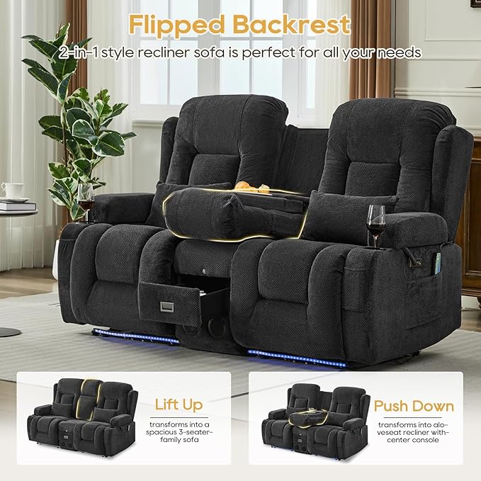 IPKIG Power Recliner Sofa with Flip-Up Backrest Console, USB & USB-C Ports, AC Outlet, LED Lights, Wall Hugger Recliners for Living Room, RV (Charcoal, 67" - 3 Seat) | Velvet Fabric, Zero Gravity, Dual Reclining, 2 Lumabr Pillow, Bluetooth Speakers