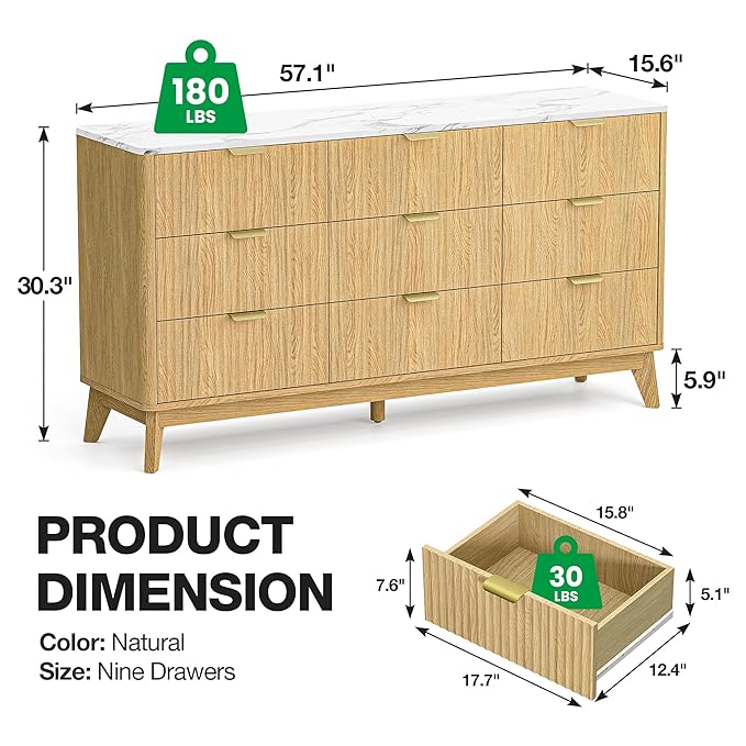 57" Fluted 9 Drawer Dresser with Arc-Shaped Corner,Modern Chest of Drawers with Metal Handle, Wood Closet Clothes Storage Organizer with Curved Edges for Bedroom,Natural