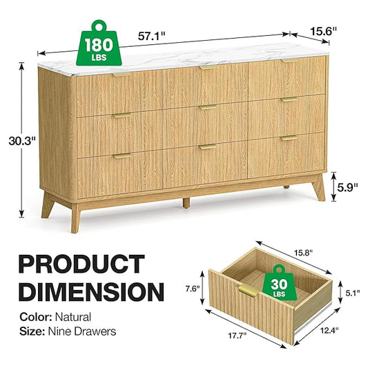 57" Fluted 9 Drawer Dresser with Arc-Shaped Corner,Modern Chest of Drawers with Metal Handle, Wood Closet Clothes Storage Organizer with Curved Edges for Bedroom,Natural