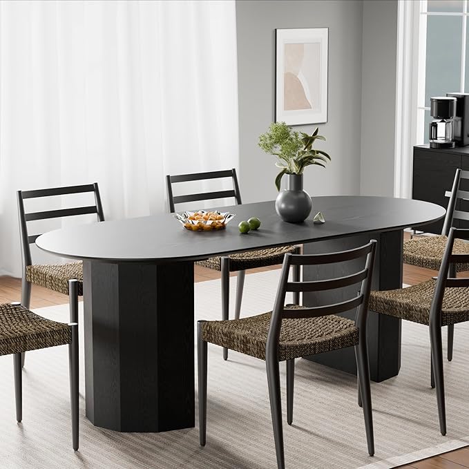 Casaphoria 79" Oval Dining Table, Modern Wood Kitchen Table with Cylinder Polygonal Base for Living Room & Dining Room, Easy Assembly Farmhouse Furniture for 6-8, Black