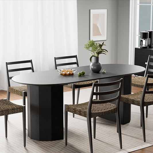 Casaphoria 79" Oval Dining Table, Modern Wood Kitchen Table with Cylinder Polygonal Base for Living Room & Dining Room, Easy Assembly Farmhouse Furniture for 6-8, Black