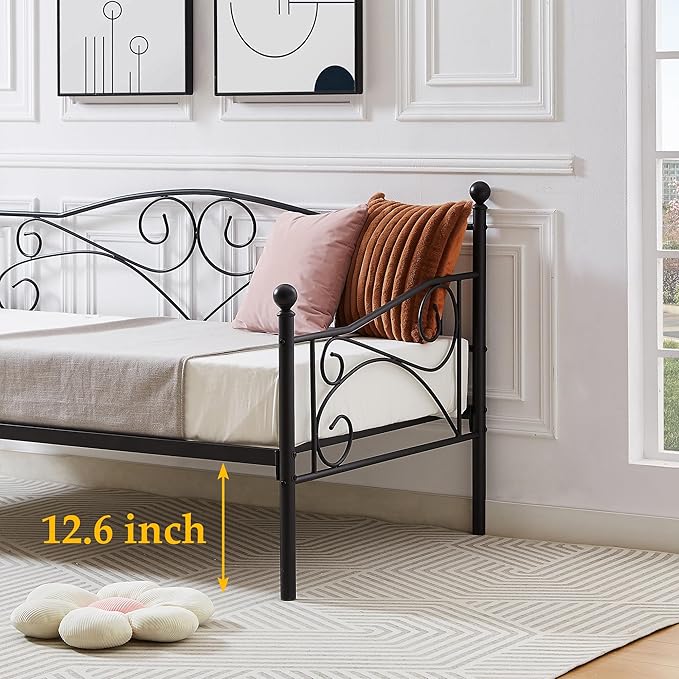 VECELO Daybed Frame, Twin Size Metal Platform Bed with Headboard,Heavy Duty Steel Slats Support for Living Room Bedroom Guest Room, Easy Assembly