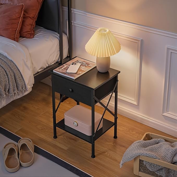 VECELO Nightstand Set of 2, X-Design End Side Table with Fabric Storage Drawer and Open Shelf, Bedside Night Stand with Steel Frame for Bedroom, Living Room,Dorm, Easy Assembly, Black