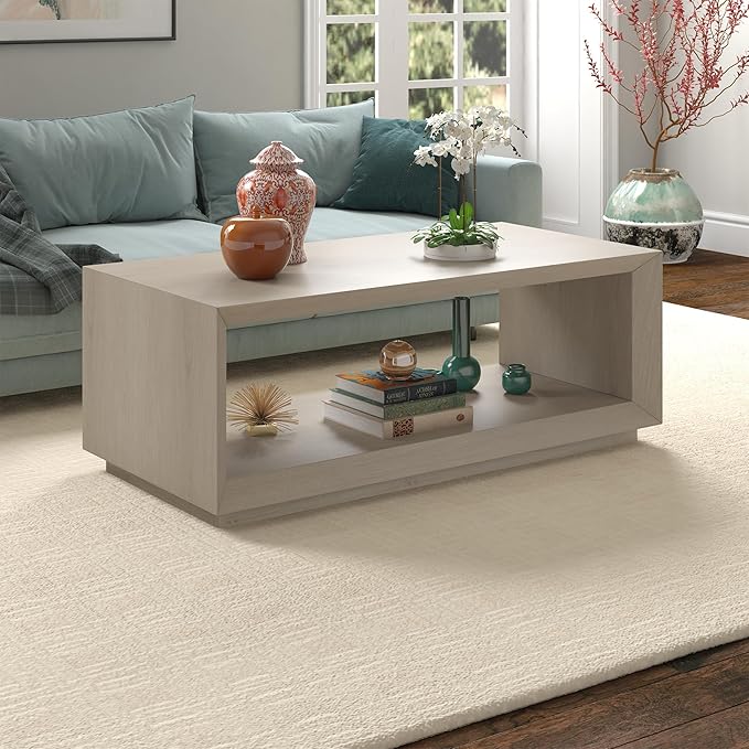 Henn&Hart 48" Rectangular Coffee Table with Open Storage Shelf for Living Room, Family Room, or Office, Beech White