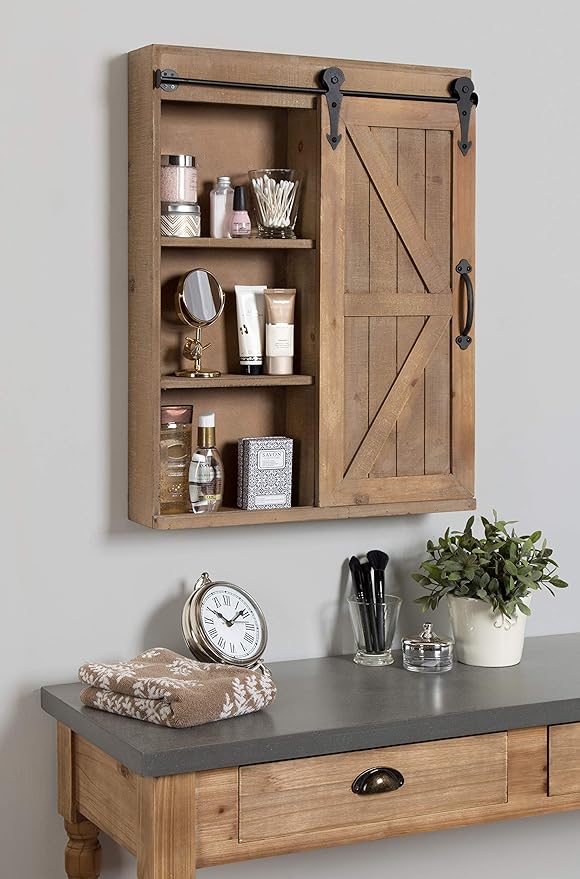 Kate and Laurel Cates Decorative Wood Wall Storage Cabinet with Rectangle Mirror and Sliding Barn Door, 22 x 28, Rustic Brown, Farmhouse Decor for Wall Storage