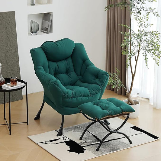 Lazy Chair with Ottoman, Modern Chair with Folding Footrest, Dark Green Accent Chair, Comfortable Reading Chair, Oversized Armchairs for Bedroom, Study, Living Room, Courtyard