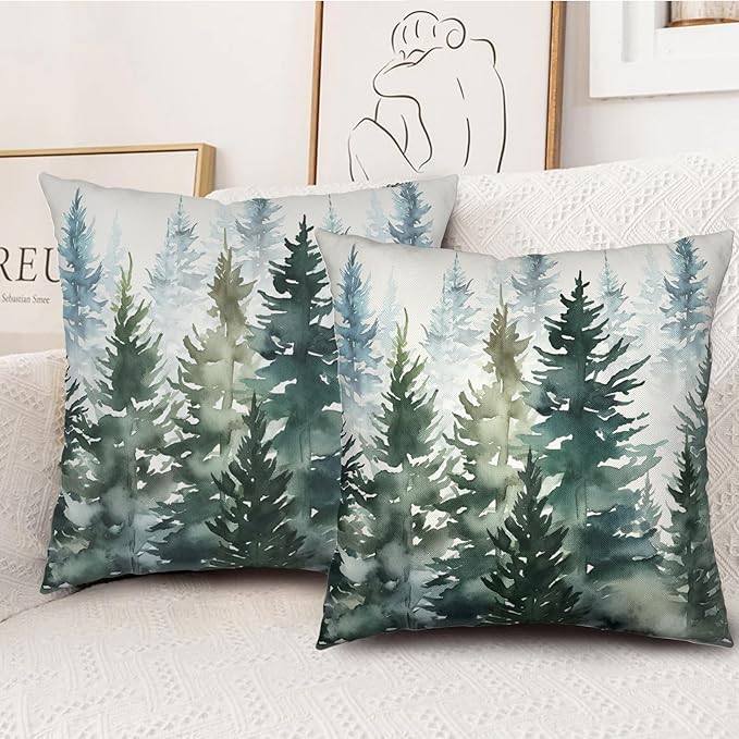 Watercolor Dark Green Tree Pillow Covers 16x16 Set of 2 Nature Themed Christmas Pillow Protector Rustic Forest Pillow Cases Farmhouse Square Linen Cushion Cases for Outdoor Couch Patio