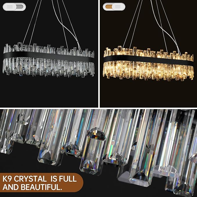 Black Crystal Chandeliers for Dining Room, 20 Lights Modern Oval Chandelier for Lining Room, Rectangular Crystal Pendant Light Fixture for Kitchen Island Bar L36 Inch