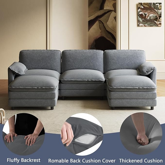 114" U Shaped Cloud Couch Sectionals Comfy Grey Sectional Couches for Living Room Modern Fluffy Oversized Modular Sofas with Ottoman, Chenille Large Big 5 Seat Sofa Set