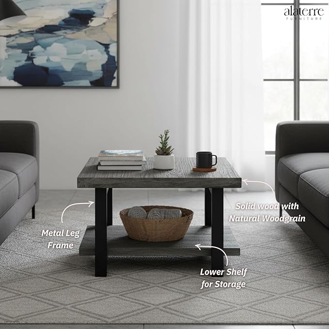 Alaterre Furniture Pomona Living Room Collection – 27 Inch Square Solid Wood Coffee Table with Metal Legs – Modern Rustic Industrial Small Space Table (Slate Grey)