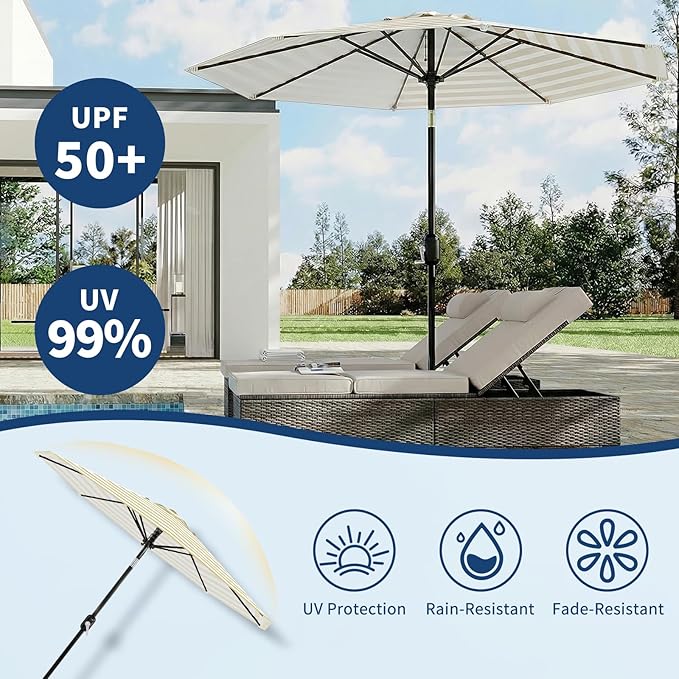 Garvee 10 ft Outdoor Patio Umbrella 8 Sturdy Ribs Outdoor Table Umbrella with Crank Lift & Push Button Tilt UV Protection Waterproof Market Umbrellas for Pool Deck Yard Garden Tan & White Stripes