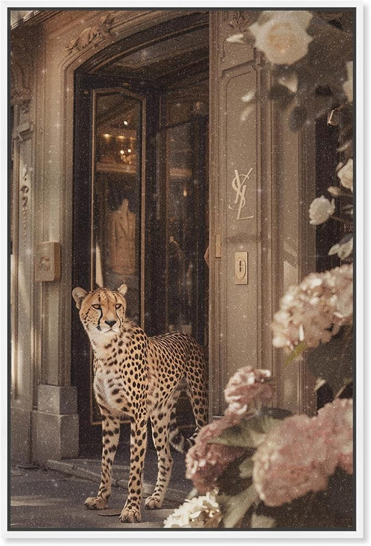 Art Remedy Cheetah at the Store Canvas Fashion Designer Wall Art, White Frame, 20" x 30"