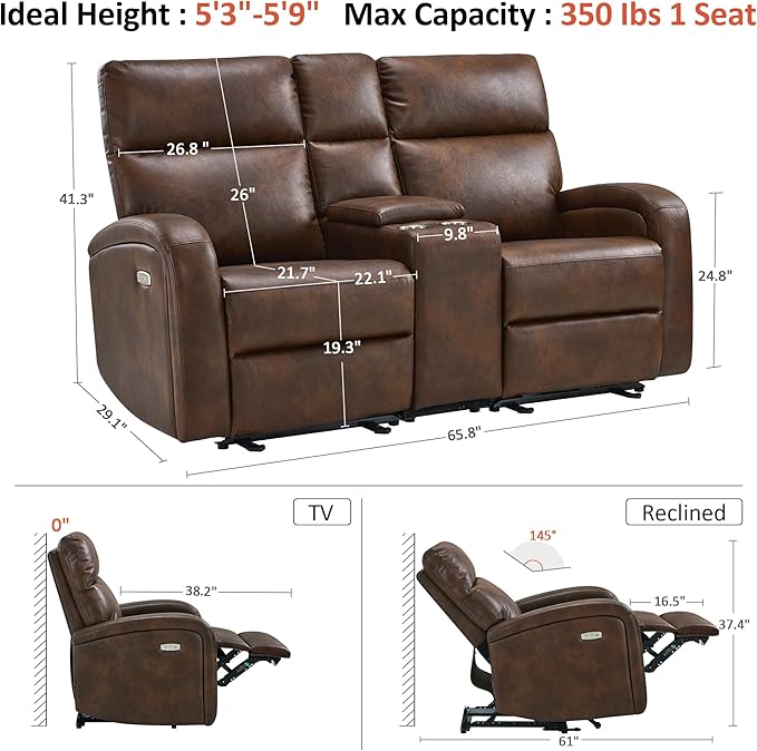 MCombo Zero Wall Recliner Loveseat, 2-Seat Power Wall Hugger Sofa with USB & Type-C Dual Ports, for Small Space, Living Room, RV PR646 (Dark Brown, Loveseat with Console)
