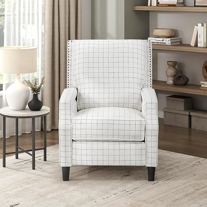 Lexicon Pushback Recliner Chair, Plaid Textured Fabric Armchair Push Back Reclining Chair, Nailhead Trim, Solid Wood Legs, Easy Assembly for Living Room/Office/Apartment, Off-White