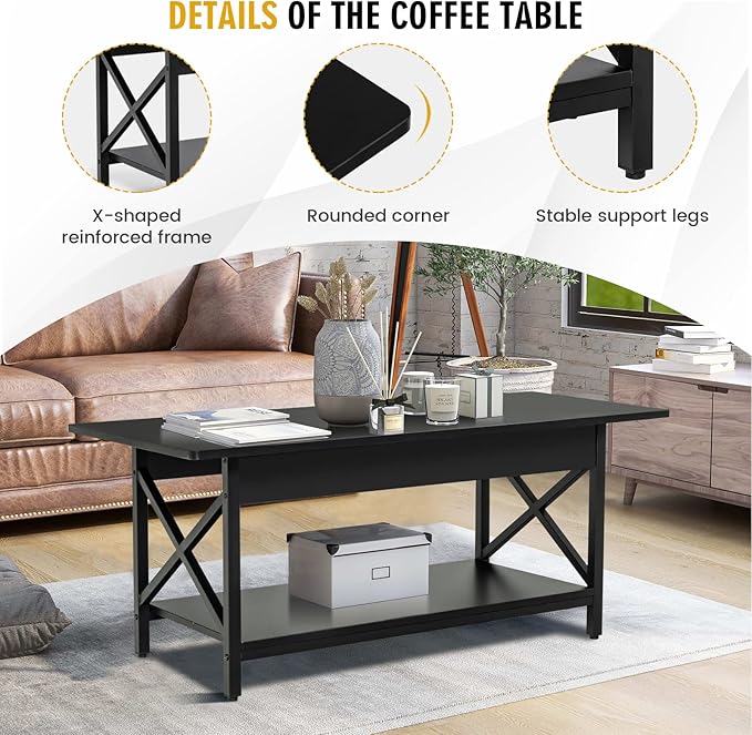 COSTWAY Industrial Coffee Table, 2-Tier Wood Cocktail Tea Table with Storage Shelf and X-Shape Steel Frame, Rectangle Sofa Side Accent Table for Living Room Home Office, Black