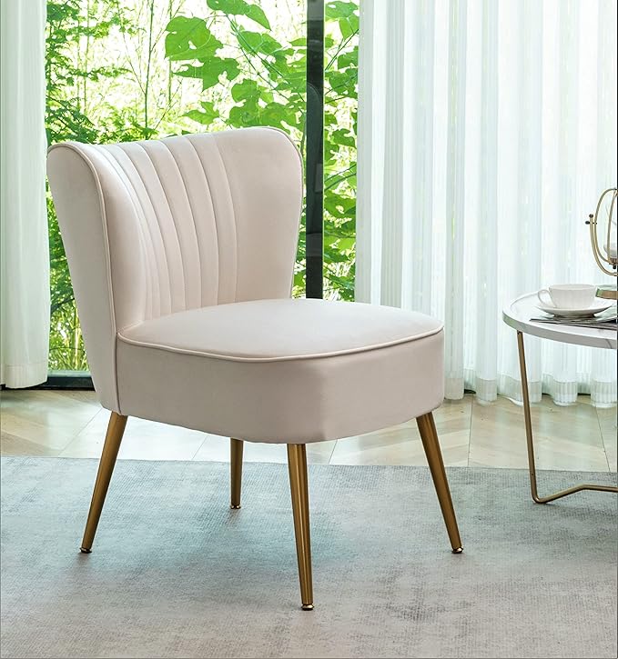 Modern Velvet Accent Chair for Living Room, Bedroom, or Entryway, Stylish and Comfortable Armless Design with Metal Legs, Ivory