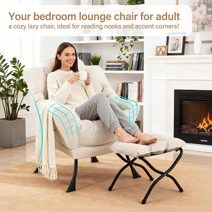Lazy Chair with Ottoman, Modern Accent Chair with Lumbar Pillow, Beige Sofa, Armchairs with Folding Footrest, Oversized Supportive Chairs for Bedroom, Reading