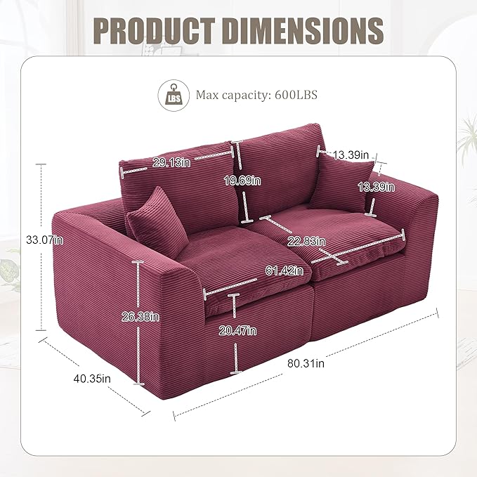 80.3" Cloud Loveseat Boneless Sofas for Living Room, 2 Seaters Modular Foam Cloud Sofa Couches, 2 Seat Compression Foam Couch with Toss Pillows, No Assembly Required