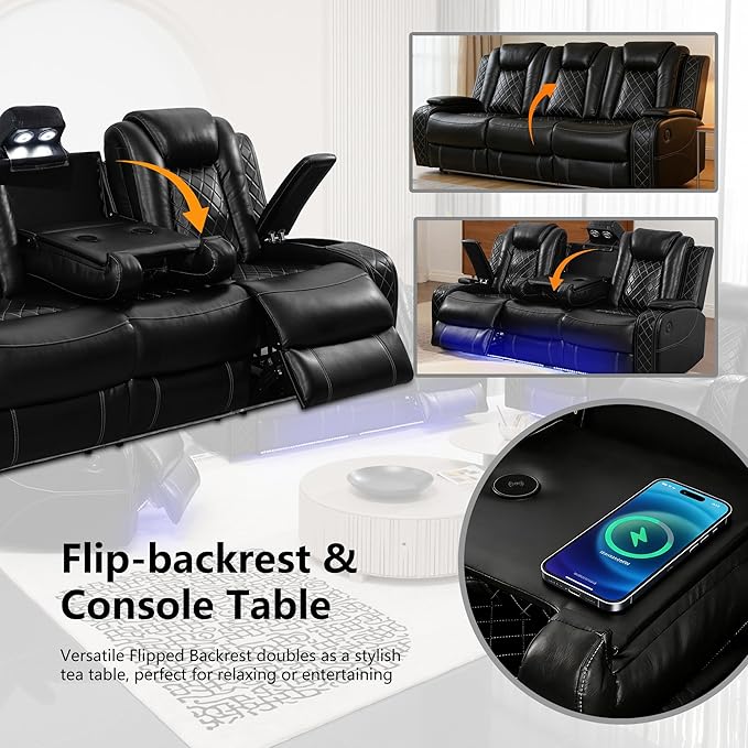 Power Recliner Sofa Set for Living Room, Breathing Leather Reclining Sofa Set with LED/USB Port/Cup Holders/Storage, 3 Piece Living Room Furniture Home Theater Seating Couches (Black)