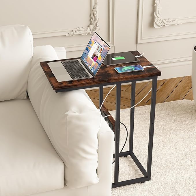 VECELO C-Shaped End Side Table with Charging Station & 2 USB Ports and Outlets for Living Room, Bedroom, with Adjustable Feet for Couch Sofa, Bedside, Small Spaces， Brown