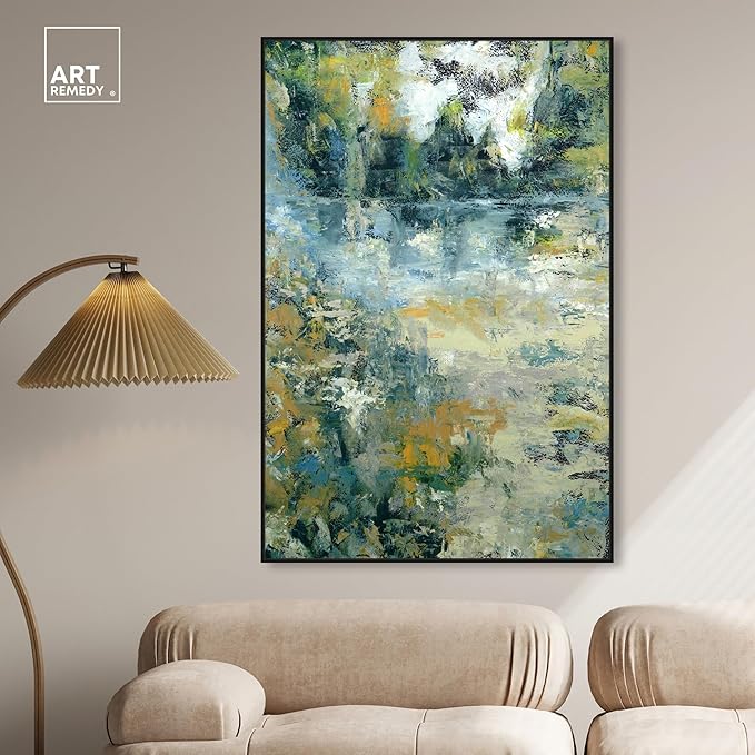 Art Remedy Green Moss Monet Garden Green Abstract Canvas Wall Art, Black Floater Frame, 36"x54"