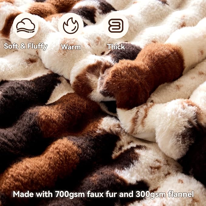 Faux Fur Throw Blanket, 1000GSM Fluffy Soft Bubble Blanket for Couch Bed, Cozy Plush Warm and Thick Blanket, Fuzzy Rabbit Throw for Living Room Bedroom 60''*80'' Cow Brown
