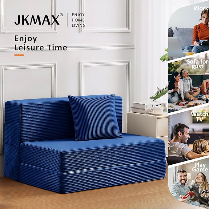 JKMAX Twin Size Folding Sofa Bed - 4 in 1 Convertible Sleeper Chair with Pillow - High Density Memory Foam Futon Couch - Foldable Bed for Living Room Bedroom (Blue)