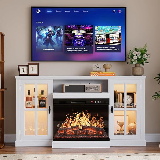 YESHOMY Glass Fireplace TV Stand for Televisions up to 65", Media Entertainment Center Console Table with Led Lights, White Wash
