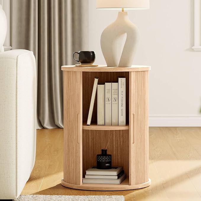 LINSY HOME Round End Table, Fluted Side Table with Sliding Tambour Door and Storage Shelf, Mid Century Modern Circular Nightstand for Bedroom, Wood Boho Tall Bedside Cabinet for Small Space, Oak