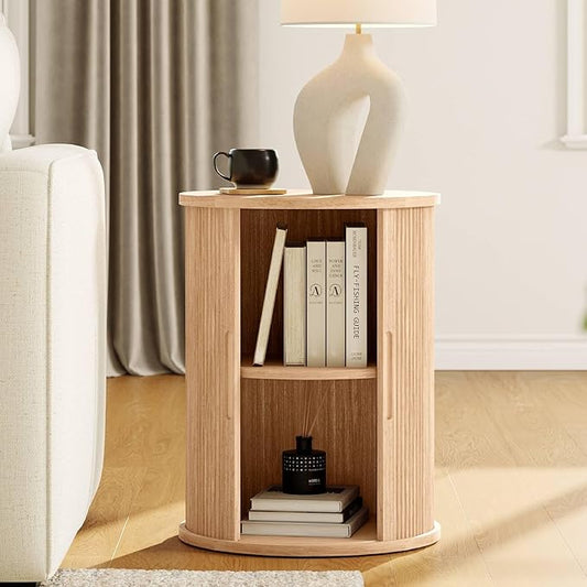LINSY HOME Round End Table, Fluted Side Table with Sliding Tambour Door and Storage Shelf, Mid Century Modern Circular Nightstand for Bedroom, Wood Boho Tall Bedside Cabinet for Small Space, Oak