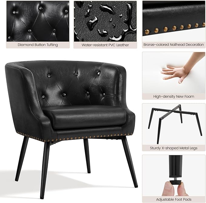 Yaheetech Modern Accent Chair, Faux Leather Retro Armchair, Upholstered Barrel Chair with Metal Leg and Comfy Seat Cushion for Living Room Bedroom, Black