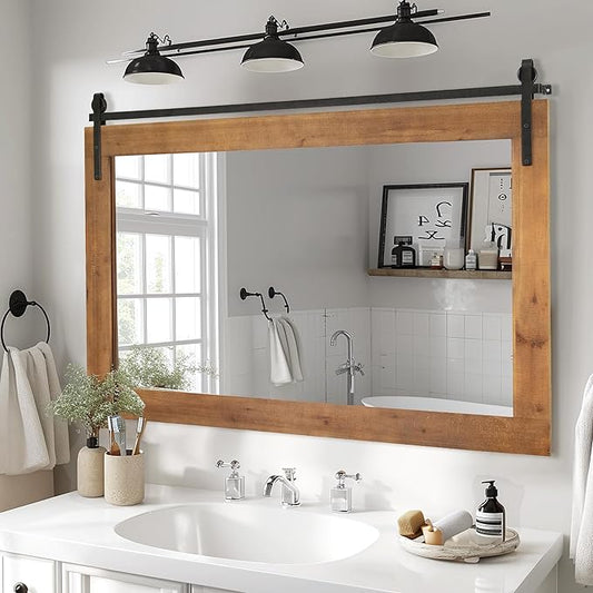 Farmhouse Bathroom Mirror, 40” x 26” Rustic Wood Framed Wall Mirrors, Barn Door Style, Large Rectangle Decorative Wall Mounted Mirror for Bathroom Living Room, Bedroom, Entryway, Brown