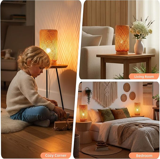 Arturesthome Bamboo Desk Light Woven Boho Beside Lamp Vintage Wicker Wooden Nightstand Lamp for Living Room,Kids Room,Nursery Room Decor