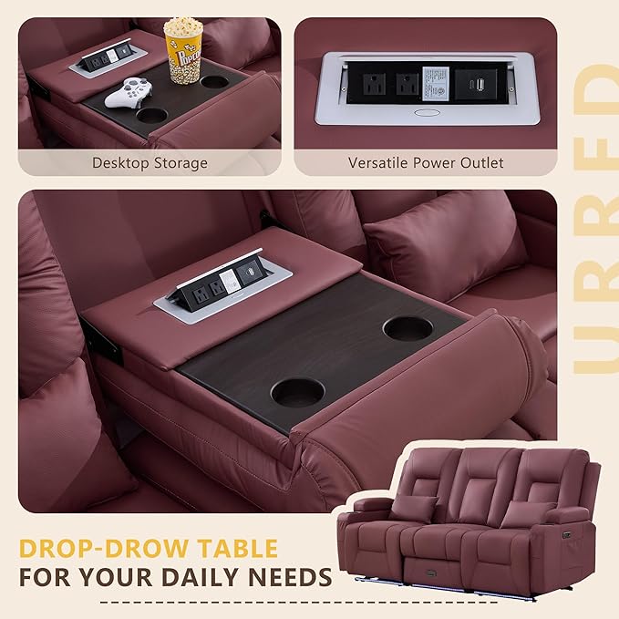 URRED Power Loveseat Recliner Sofa with Console, Wall Hugger Reclining Loveseat RV Couch with LED Light, 150° Zero Gravity Recliners Modular Couches for Living Room (Red, 77.3'' - 3 Seats)