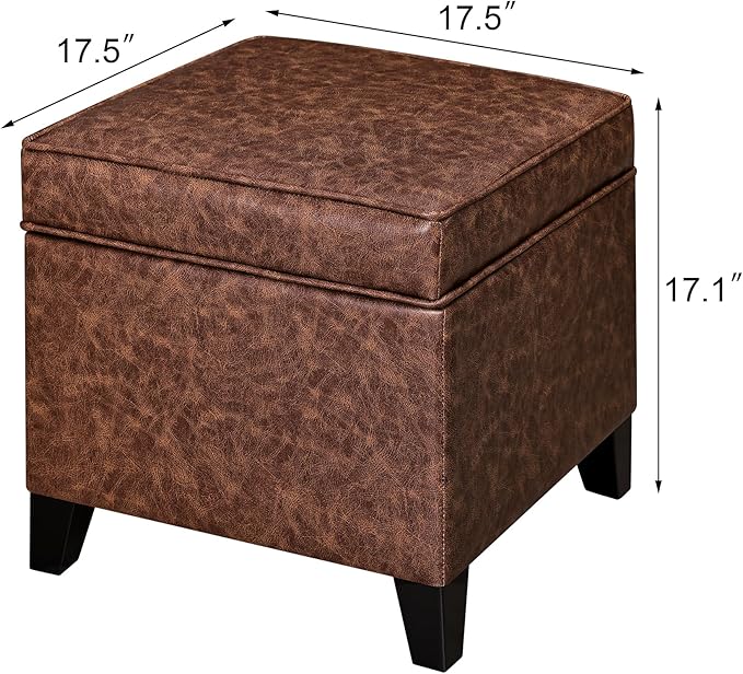 Adeco 17-inch Tufted Faux Leather Storage Ottoman, Square Footrest Stool with Hinged Lid and Solid Wood Legs, Small Accent Foot Stool for Living Room & Bedroom, Dark Brown