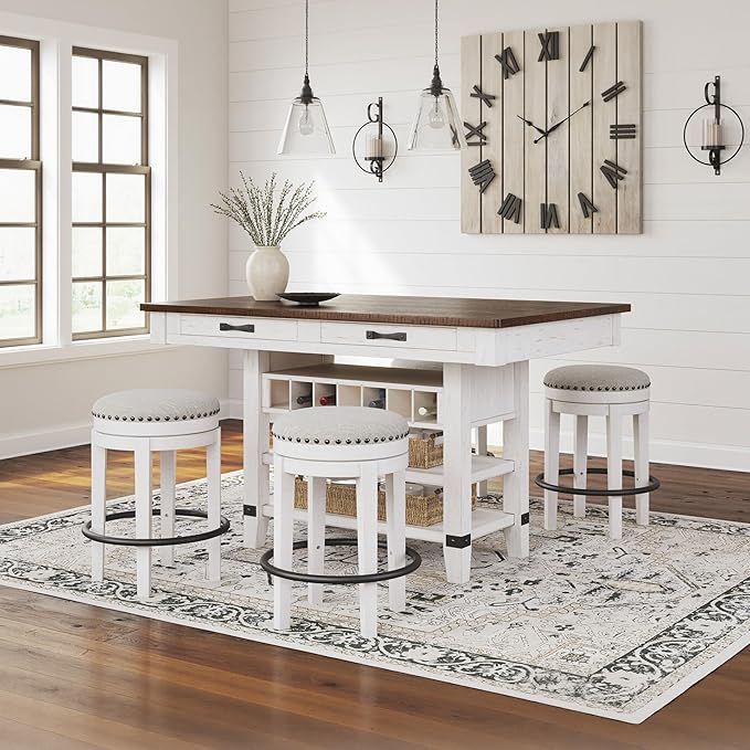Signature Design by Ashley Valebeck Rectangular Dining Room Table, 4 Drawers, 2 Open Shelves, Wine Rack, Wood, 60" W x 40" D x 36.13" H, White & Brown