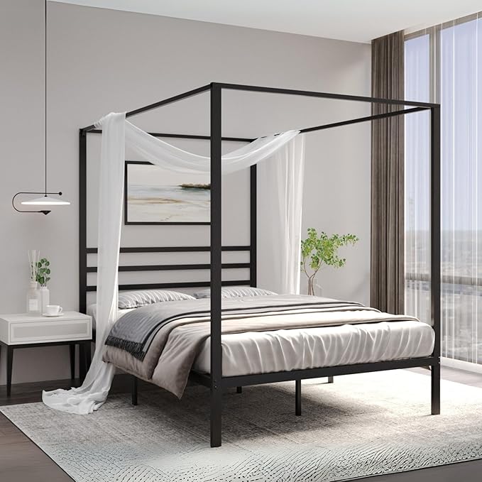 Golden Gate Beds Canopy Bed Frame with Four Poster Design, Strong Metal Slats and Built-in Headboard, Fits Drapes or Curtains, No Box Spring Needed, Girls or Teen Princess Style, Black, Queen Size